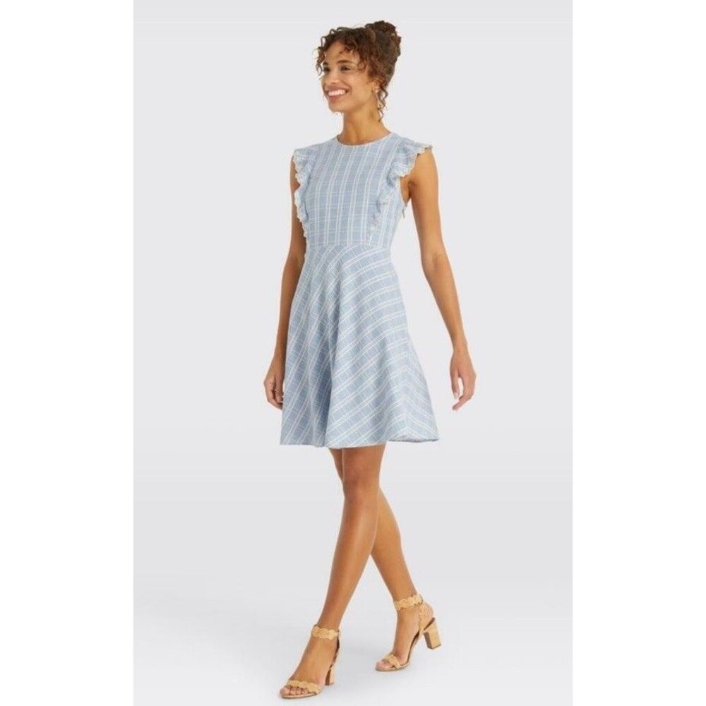 Draper James 6 S Linen Eyelet Dress Mini Ruffle Pinafore Peasant Plaid Party Blu